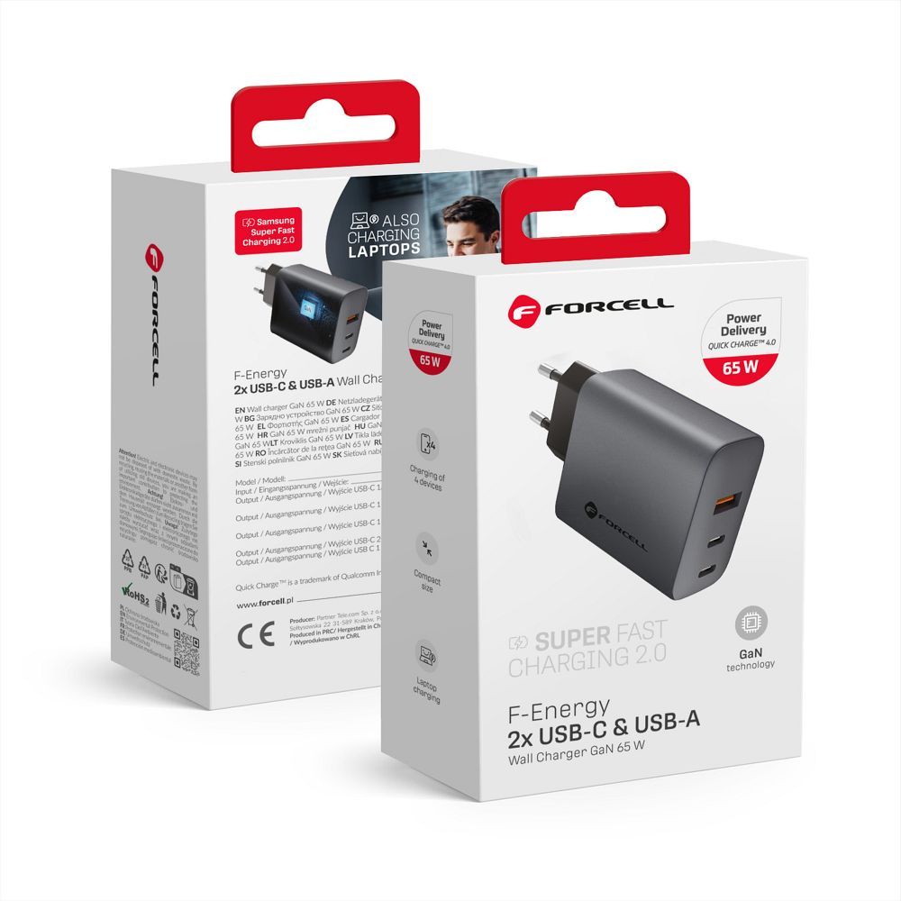 Încărcător rapid GaN 65W Forcell F-Energy — 2 x USB-C + USB-A